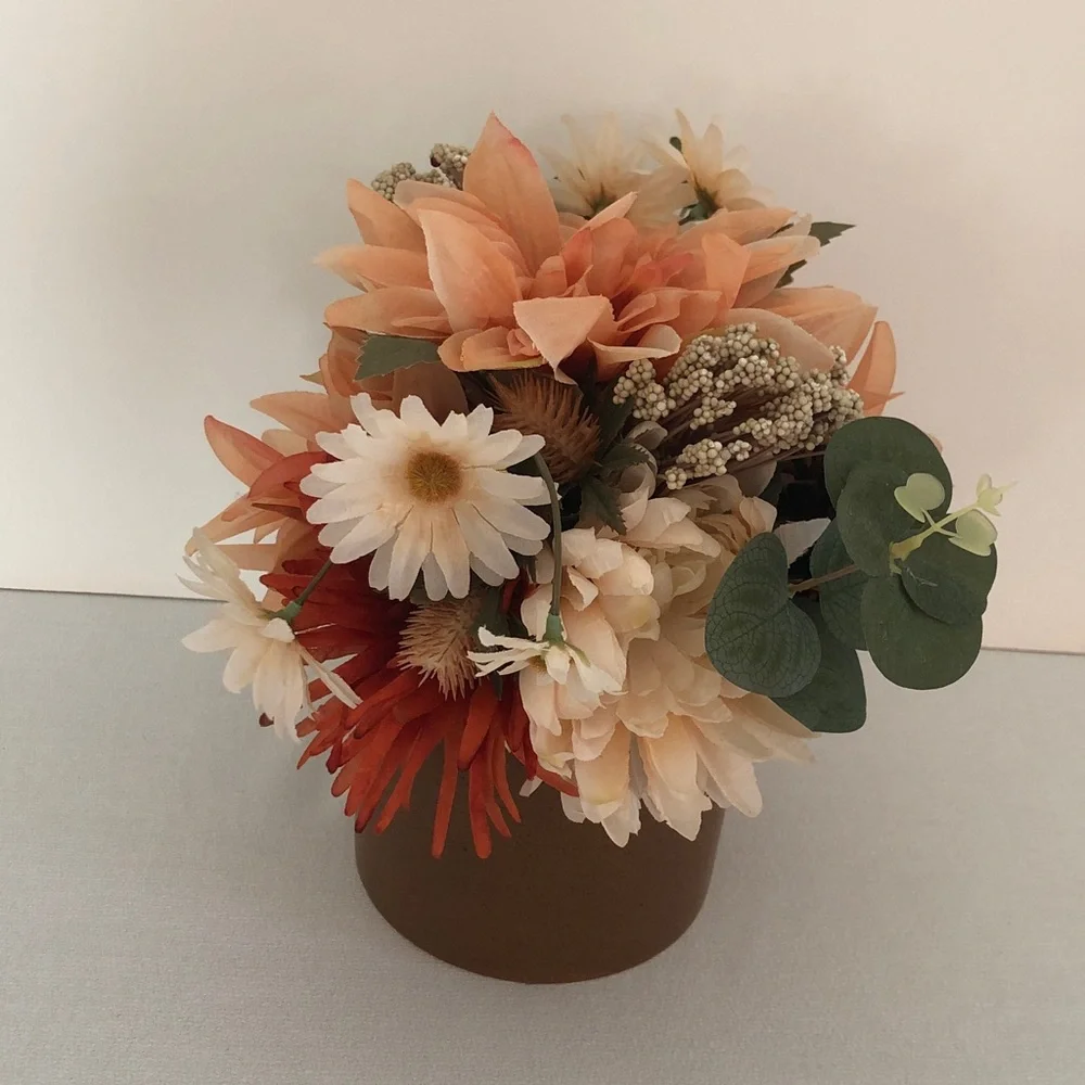 Peach & White Floral Arrangement in Brown Vase